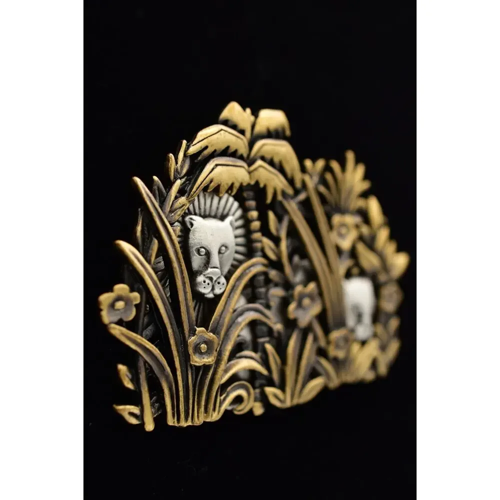 JJ Vintage Jungle Lion Pin Brooch Chunky Pewter Brass Chunky Rare Signed 80s 9B